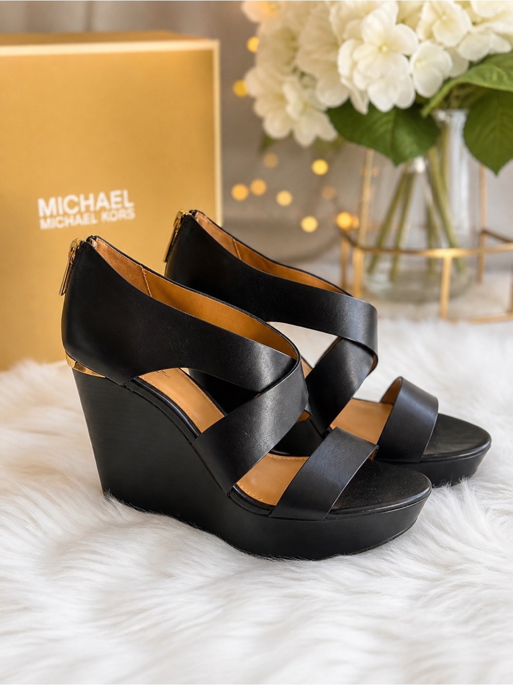 Michael Kors Black Leather Platform Wedge Sandals | Gold Zip Back | Size 7M - Picture 2 of 14
